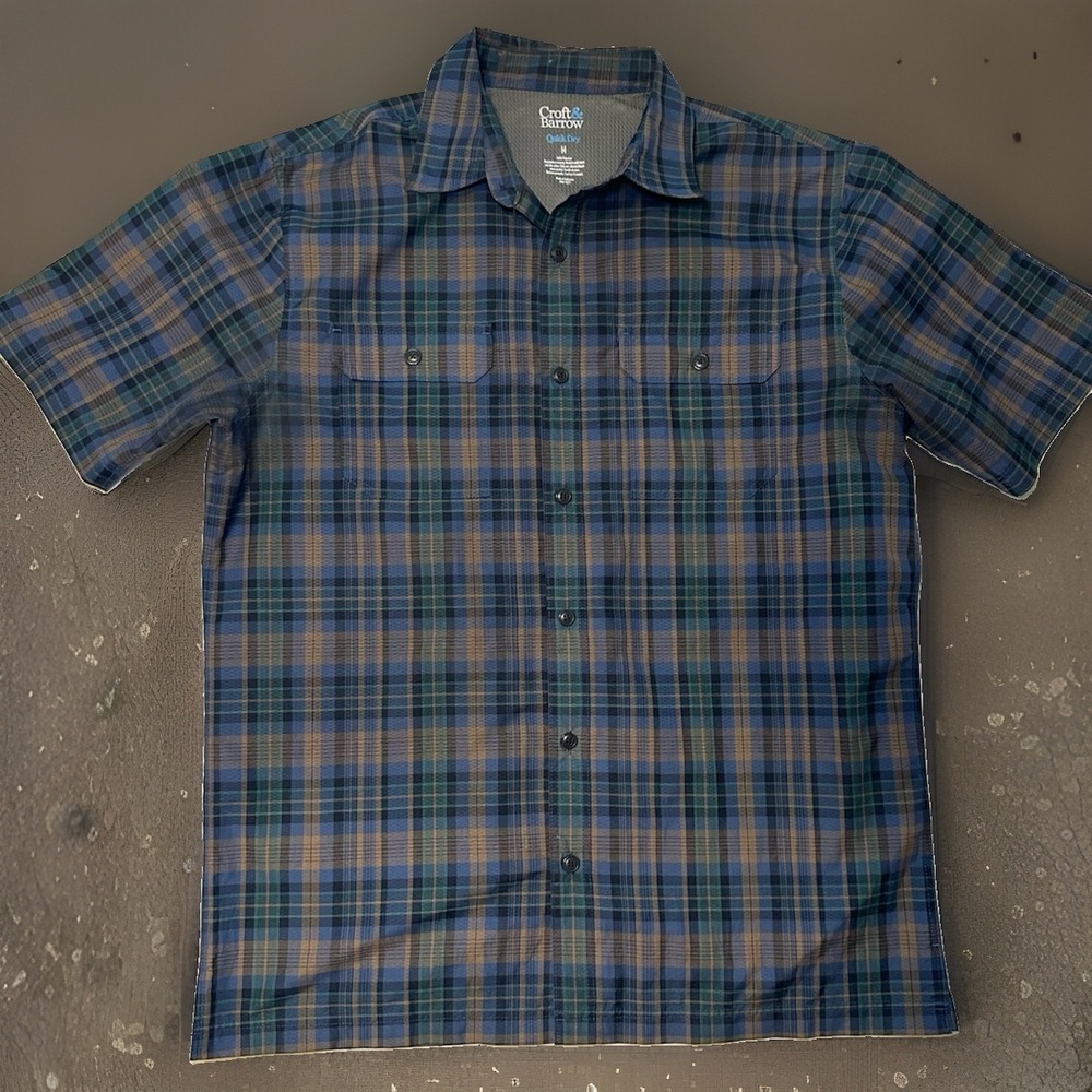 Croft & Barrow Quick Dry Plaid Button Up Shirt Men's M Blue Outdoor Fishing